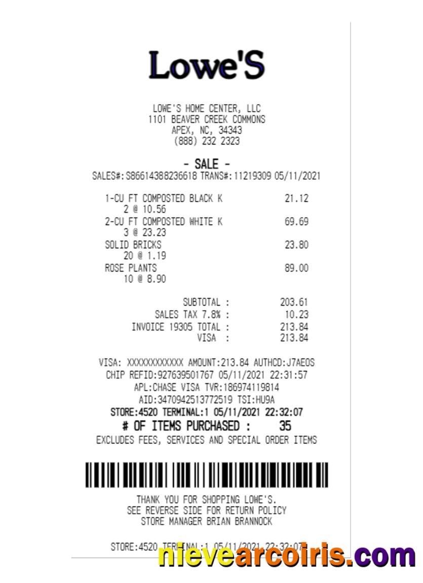 LOWE'S HOME CENTER payment receipt